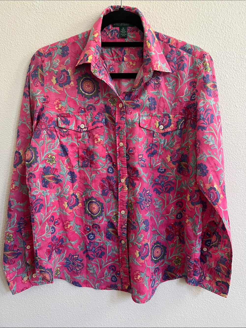 LAUREN JEANS CO Button-Up Shirt Y2K L-S Pink Boho Multi Floral Women's Size M
